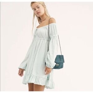 Free People Mini Dress Size S Mint Green Babydoll Cottage Beach Hippie Romantic